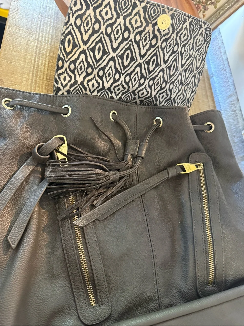 Steve Madden Studded Tassel Drawstring Backpack - Dark Gray